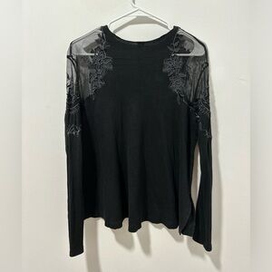 Free people black thin sweater with lace appliqué on shoulders. Size M